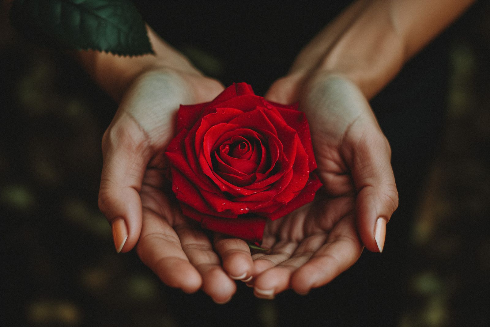 Hands gently holding a deep red rose