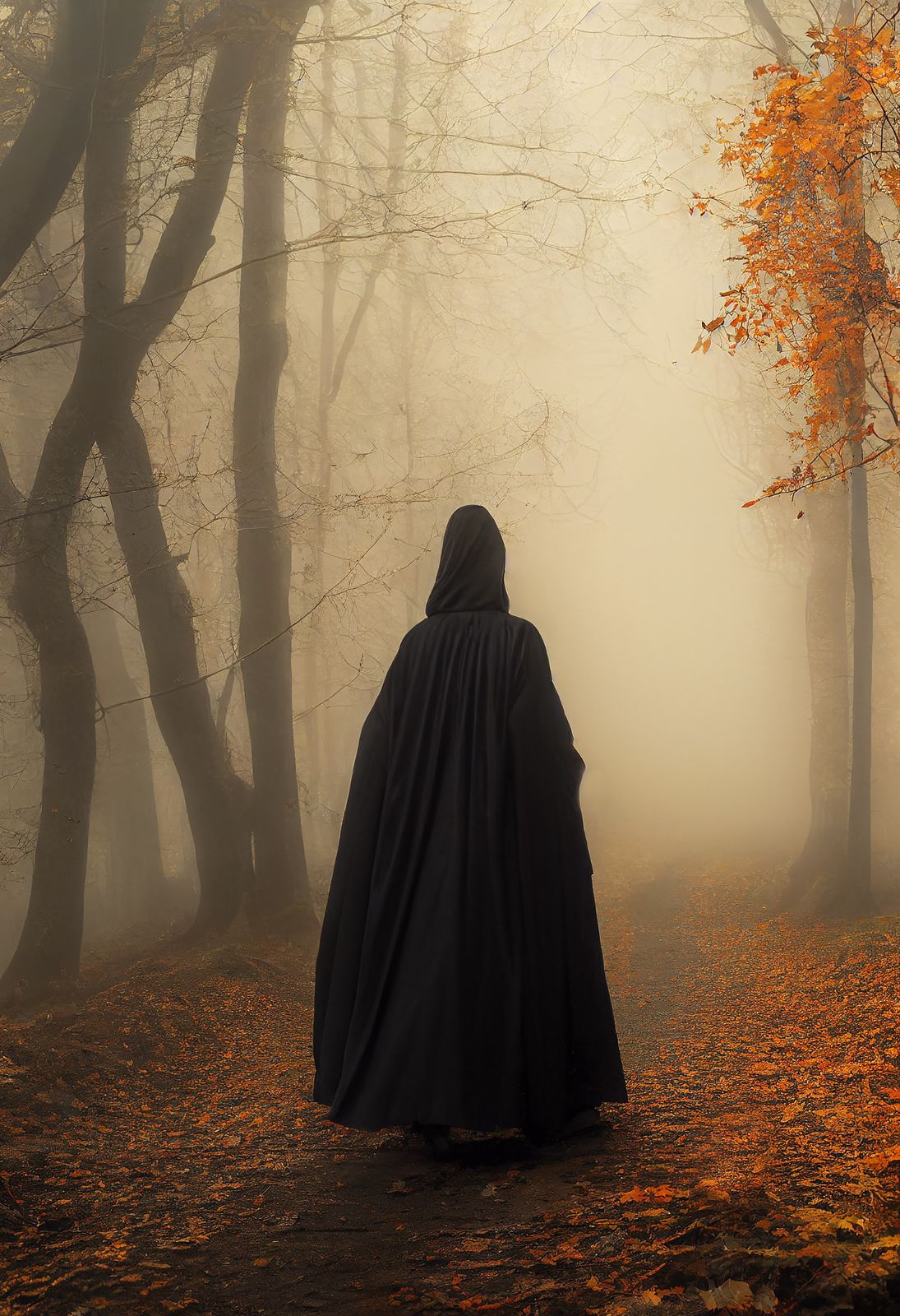 A hooded figure standing on an autumn forest path, facing into soft golden light